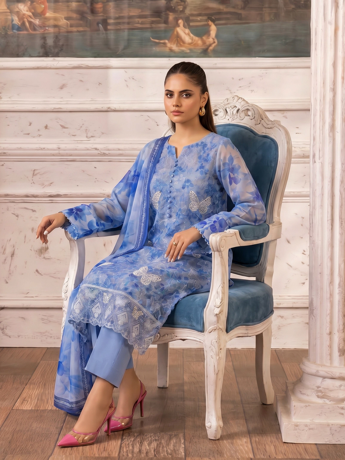 Butterfly - Digitally Printed Lawn Embroidery - 3PC Suit - D-01