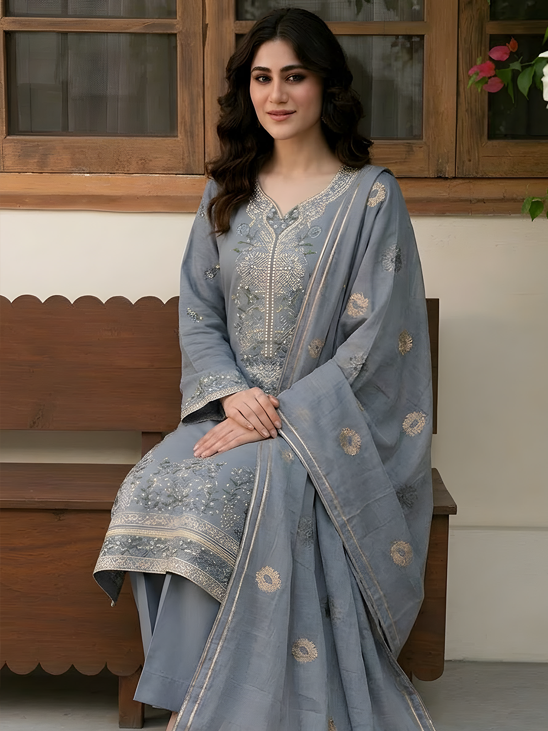 Umaiza - Slub Embroidered Lawn - 3PC Suit - D-06
