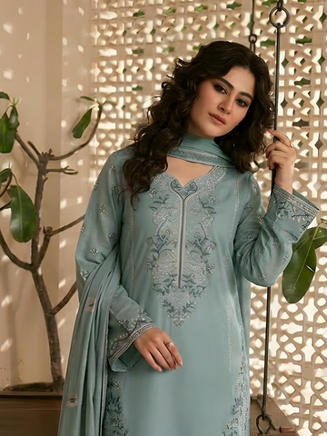 Umaiza - Slub Embroidered Lawn - 3PC Suit - D-05