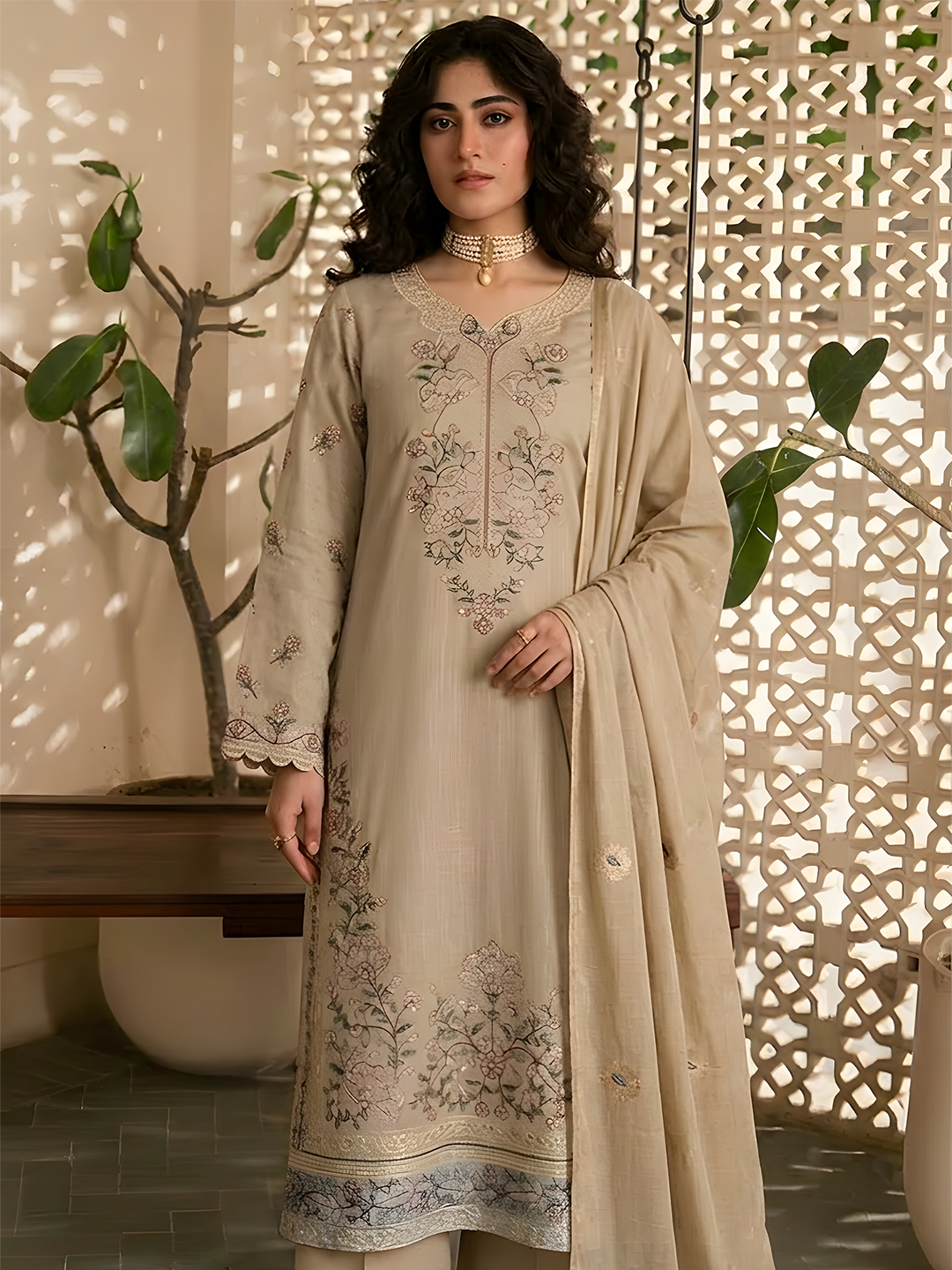 Umaiza - Slub Embroidered Lawn - 3PC Suit - D-08