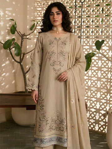 Umaiza - Slub Embroidered Lawn - 3PC Suit - D-08