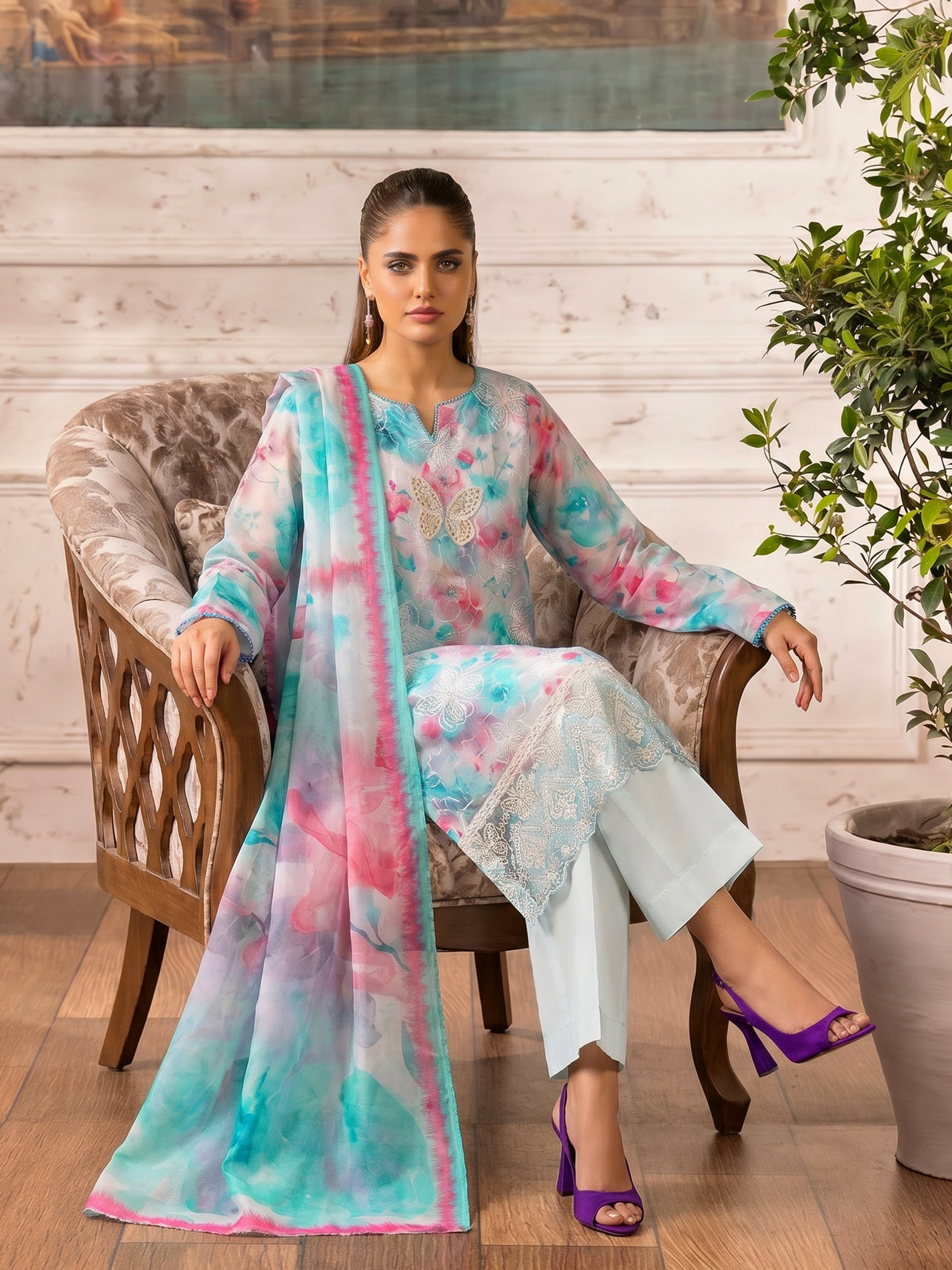 Butterfly - Digitally Printed Lawn Embroidery - 3PC Suit - D-02
