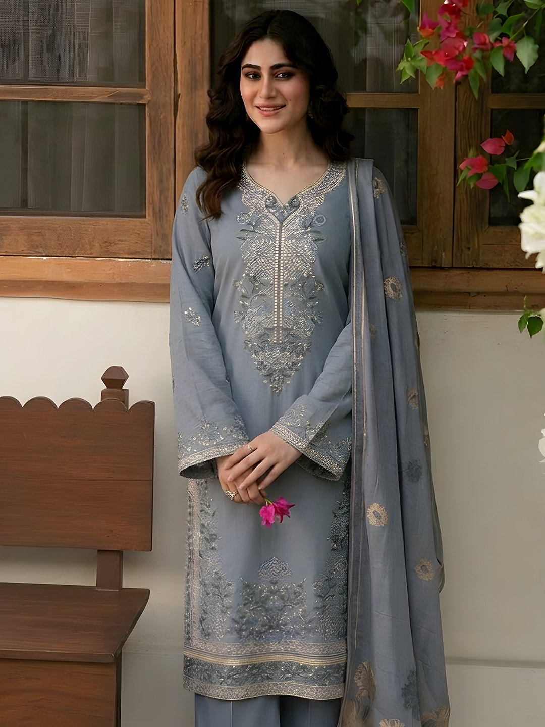 Umaiza - Slub Embroidered Lawn - 3PC Suit - D-06