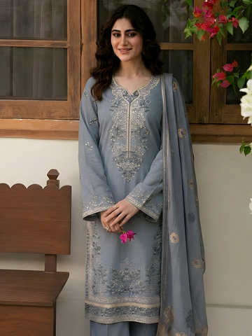 Umaiza - Slub Embroidered Lawn - 3PC Suit - D-06