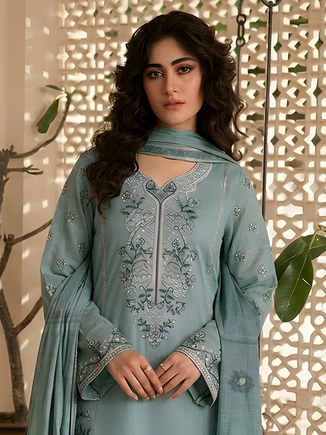 Umaiza - Slub Embroidered Lawn - 3PC Suit - D-05