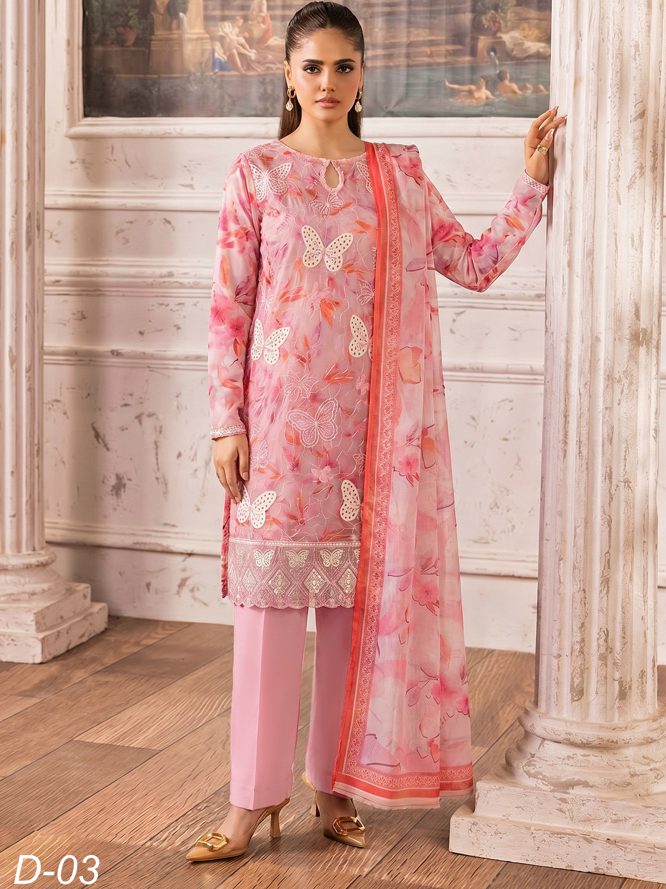 Butterfly - Digitally Printed Lawn Embroidery - 3PC Suit - D-03