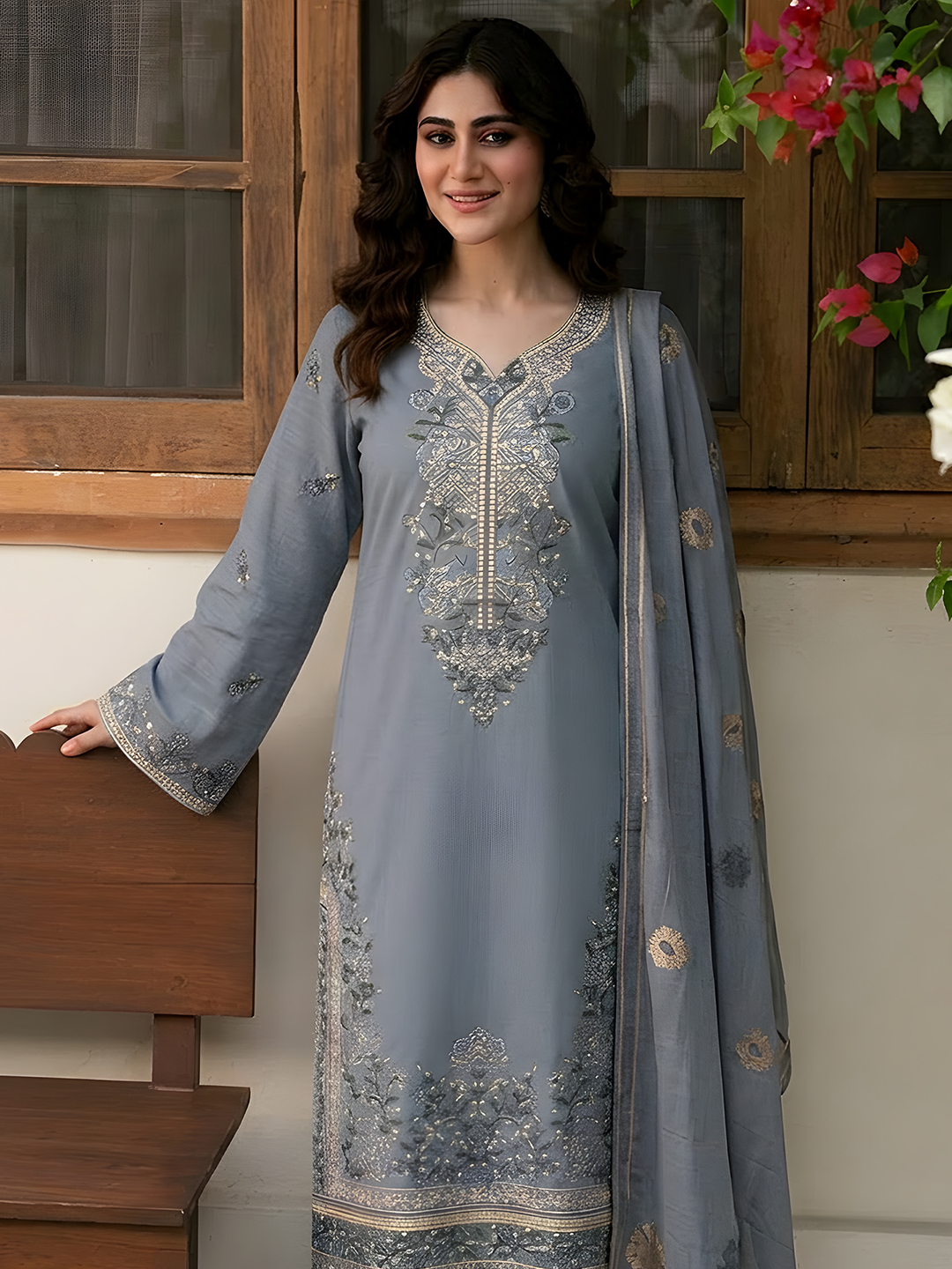 Umaiza - Slub Embroidered Lawn - 3PC Suit - D-06