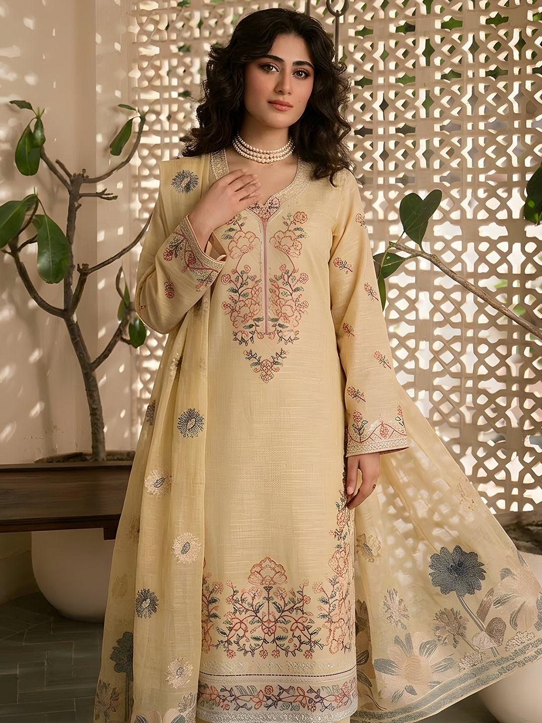 Umaiza - Slub Embroidered Lawn - 3PC Suit - D-03