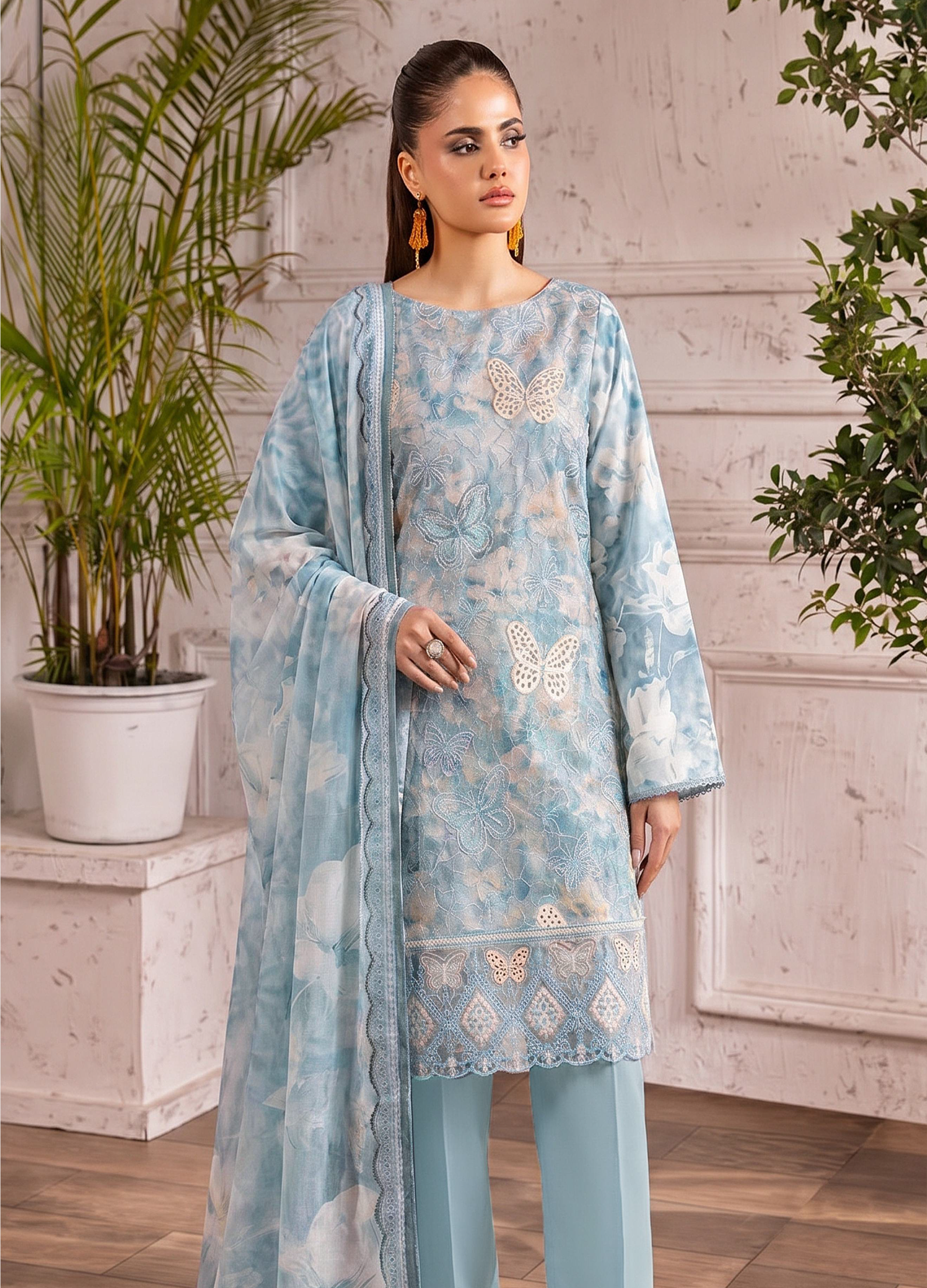 Butterfly - Digitally Printed Lawn Embroidery - 3PC Suit - D-04
