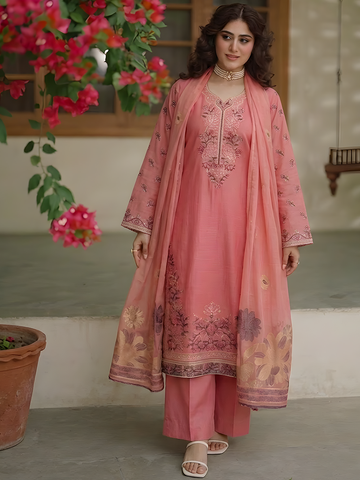 Umaiza - Slub Embroidered Lawn - 3PC Suit - D-04