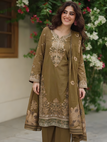 Umaiza - Slub Embroidered Lawn - 3PC Suit - D-02