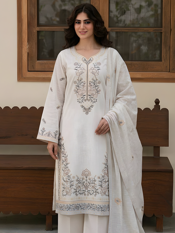 Umaiza - Slub Embroidered Lawn - 3PC Suit - D-01