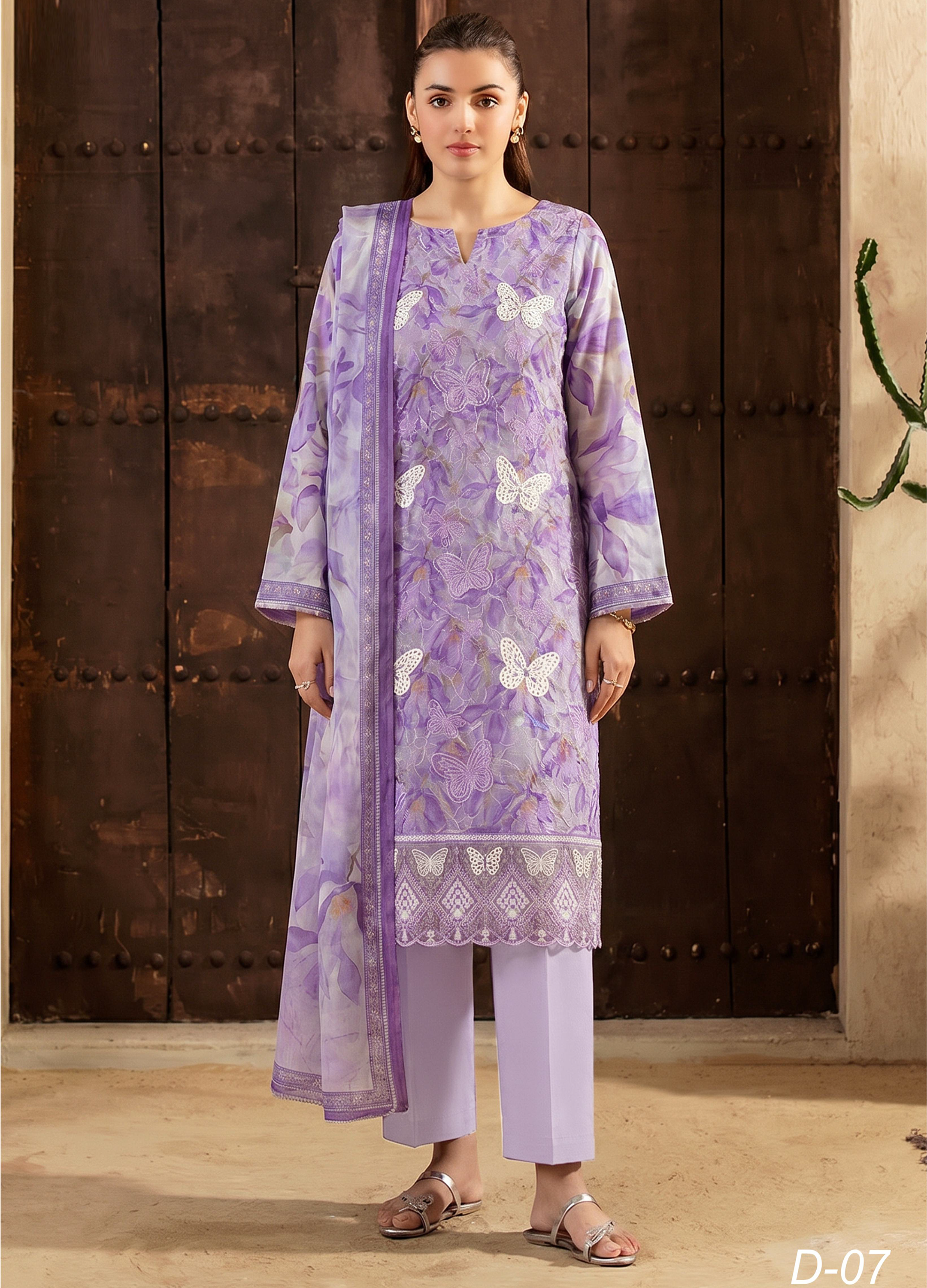 Butterfly - Digitally Printed Lawn Embroidery - 3PC Suit - D-07