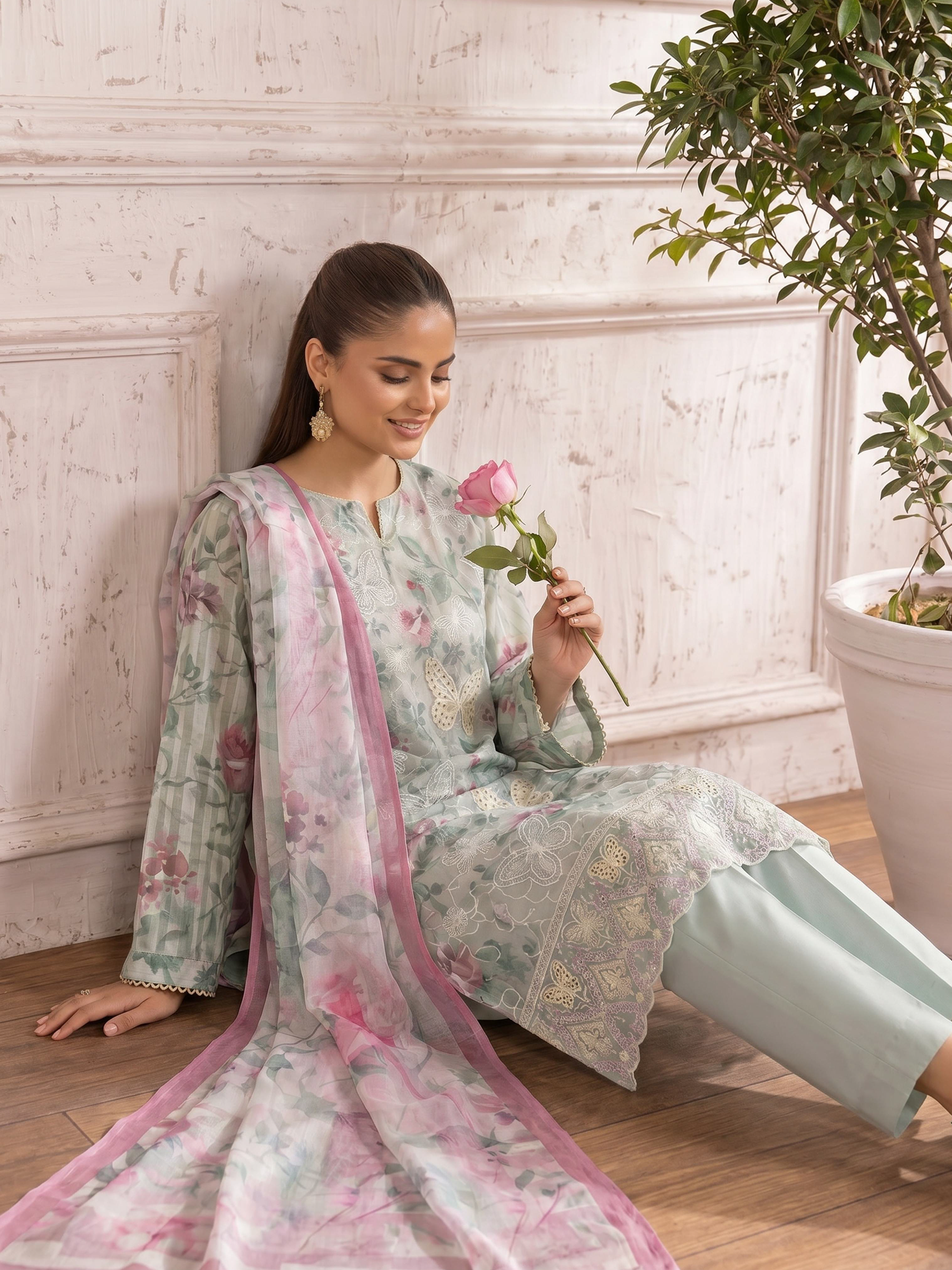 Butterfly - Digitally Printed Lawn Embroidery - 3PC Suit - D-08